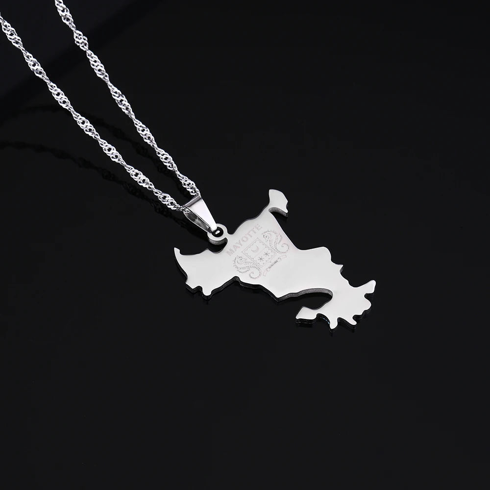 mode Français Mayotte île Carte pendentif Collier acier inoxydable Hommes femmes Ethnies cartes bijoux Cadeau JCC.COM