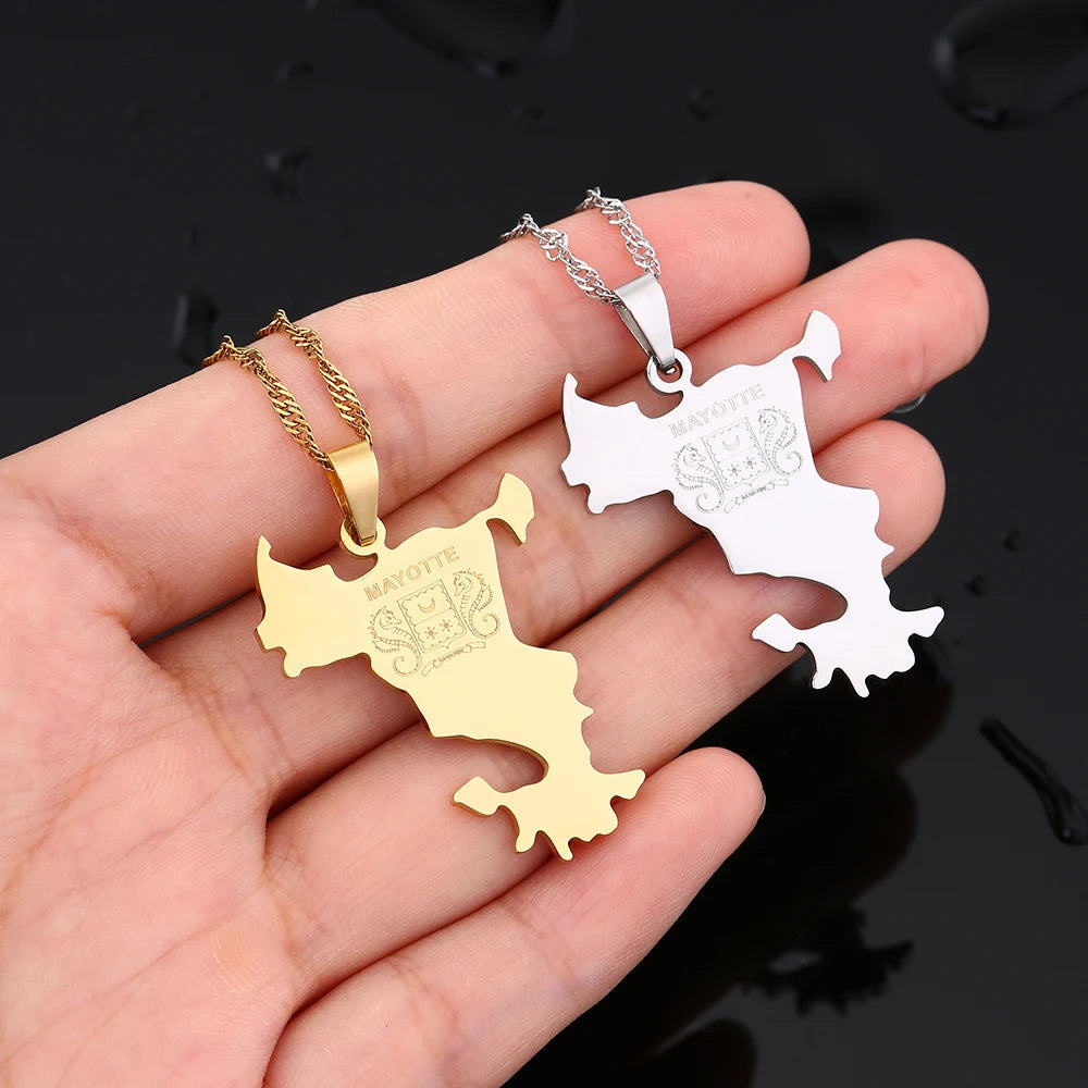 mode Français Mayotte île Carte pendentif Collier acier inoxydable Hommes femmes Ethnies cartes bijoux Cadeau JCC.COM