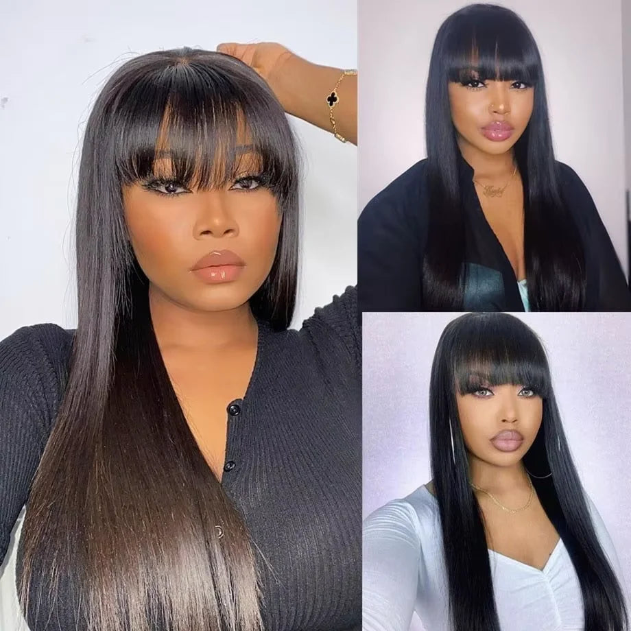 Perruque Cheveux Humains Lisse avec Frange – Lace 3×1, Partie Milieu JCC.COM
