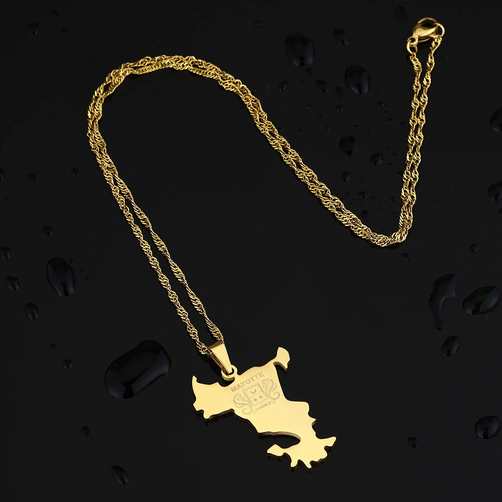mode Français Mayotte île Carte pendentif Collier acier inoxydable Hommes femmes Ethnies cartes bijoux Cadeau JCC.COM