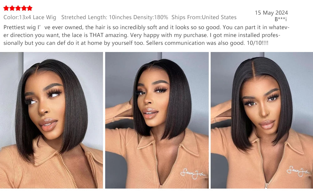Perruque Bob Brésilien Remy 13×4 – Cheveux Humains 100% Lisses, 14" JCC.COM