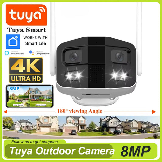 Tuya 4K Dual-Lens Large Large 180° Sécurité Caméra WiFi extérieur Couleur Vision nocturne Surveillance du mouvement Détection étanche IP Cam JCC.COM