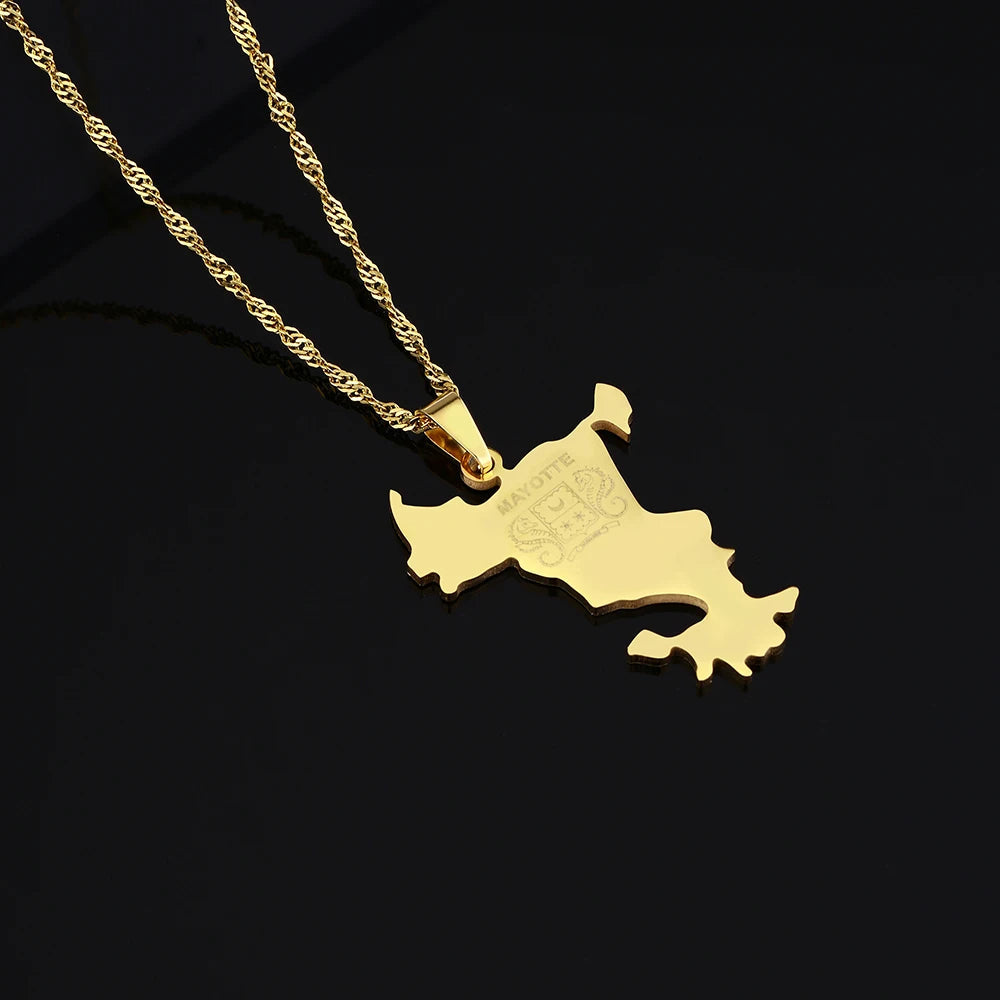 mode Français Mayotte île Carte pendentif Collier acier inoxydable Hommes femmes Ethnies cartes bijoux Cadeau JCC.COM
