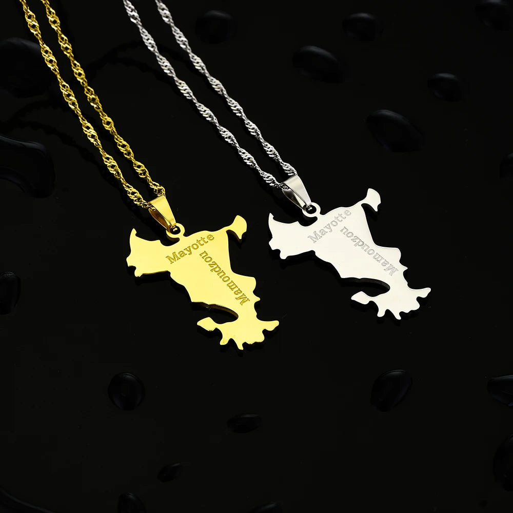 mode Français Mayotte île Carte pendentif Collier acier inoxydable Hommes femmes Ethnies cartes bijoux Cadeau JCC.COM
