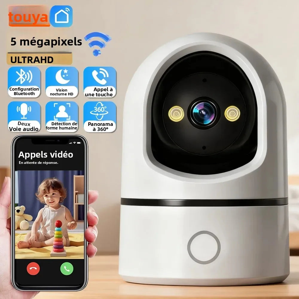 Tuya 5MP HD WIFI Caméras de sécurité Couleur Vision nocturne Fonction de suivi automatique 360 rotation Un clic Appel Audio bidirectionnel JCC.COM