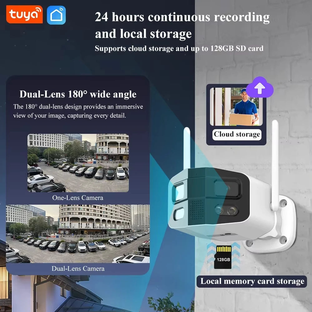 Tuya 4K Dual-Lens Large Large 180° Sécurité Caméra WiFi extérieur Couleur Vision nocturne Surveillance du mouvement Détection étanche IP Cam JCC.COM