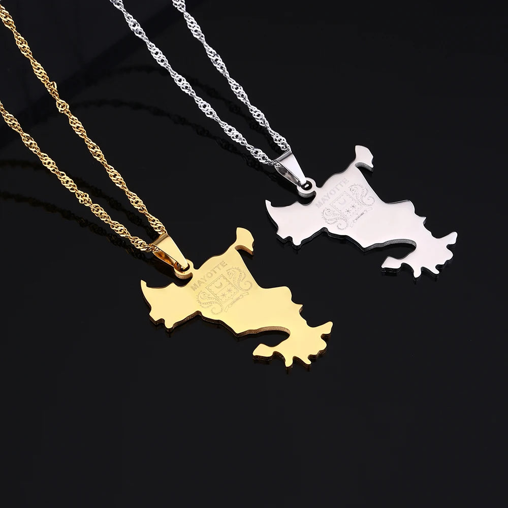 mode Français Mayotte île Carte pendentif Collier acier inoxydable Hommes femmes Ethnies cartes bijoux Cadeau JCC.COM