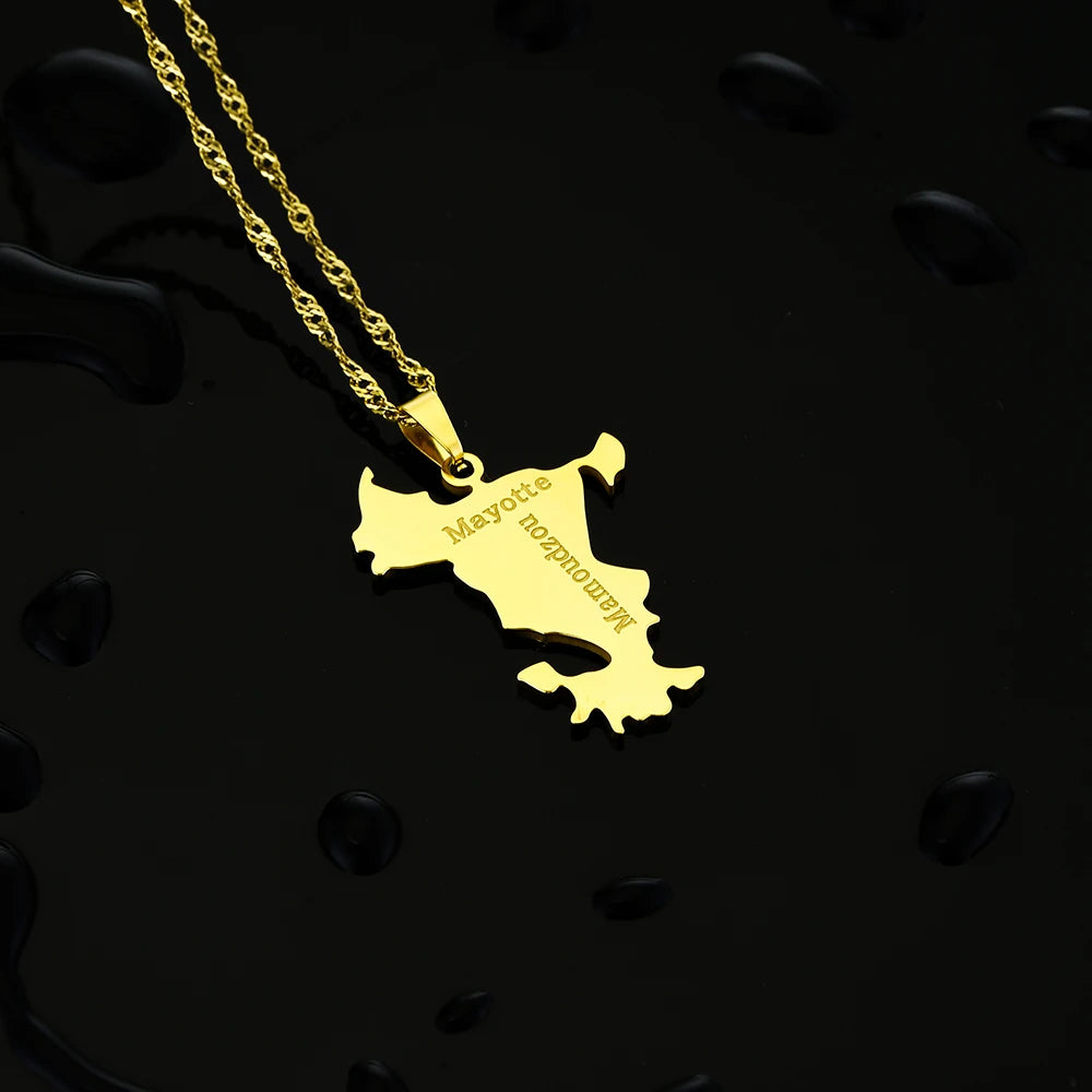 mode Français Mayotte île Carte pendentif Collier acier inoxydable Hommes femmes Ethnies cartes bijoux Cadeau JCC.COM