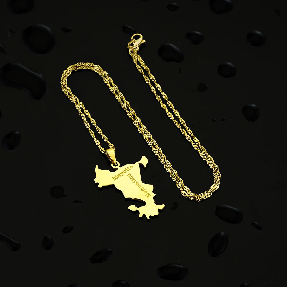 mode Français Mayotte île Carte pendentif Collier acier inoxydable Hommes femmes Ethnies cartes bijoux Cadeau JCC.COM