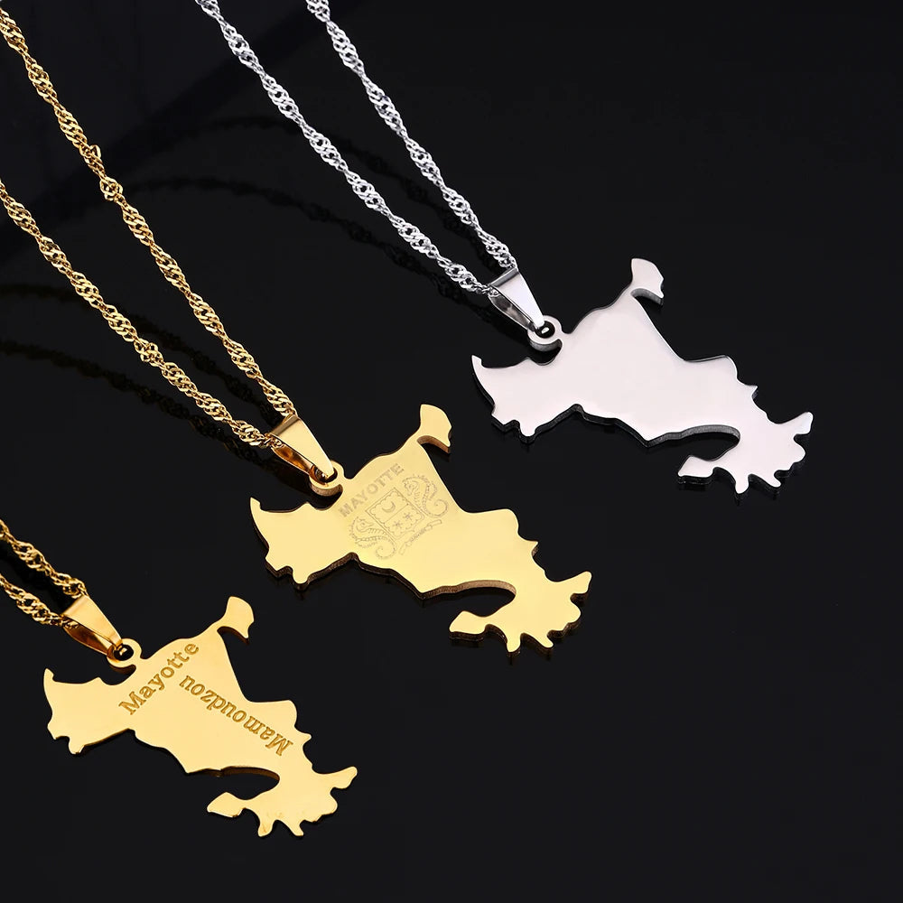 mode Français Mayotte île Carte pendentif Collier acier inoxydable Hommes femmes Ethnies cartes bijoux Cadeau JCC.COM