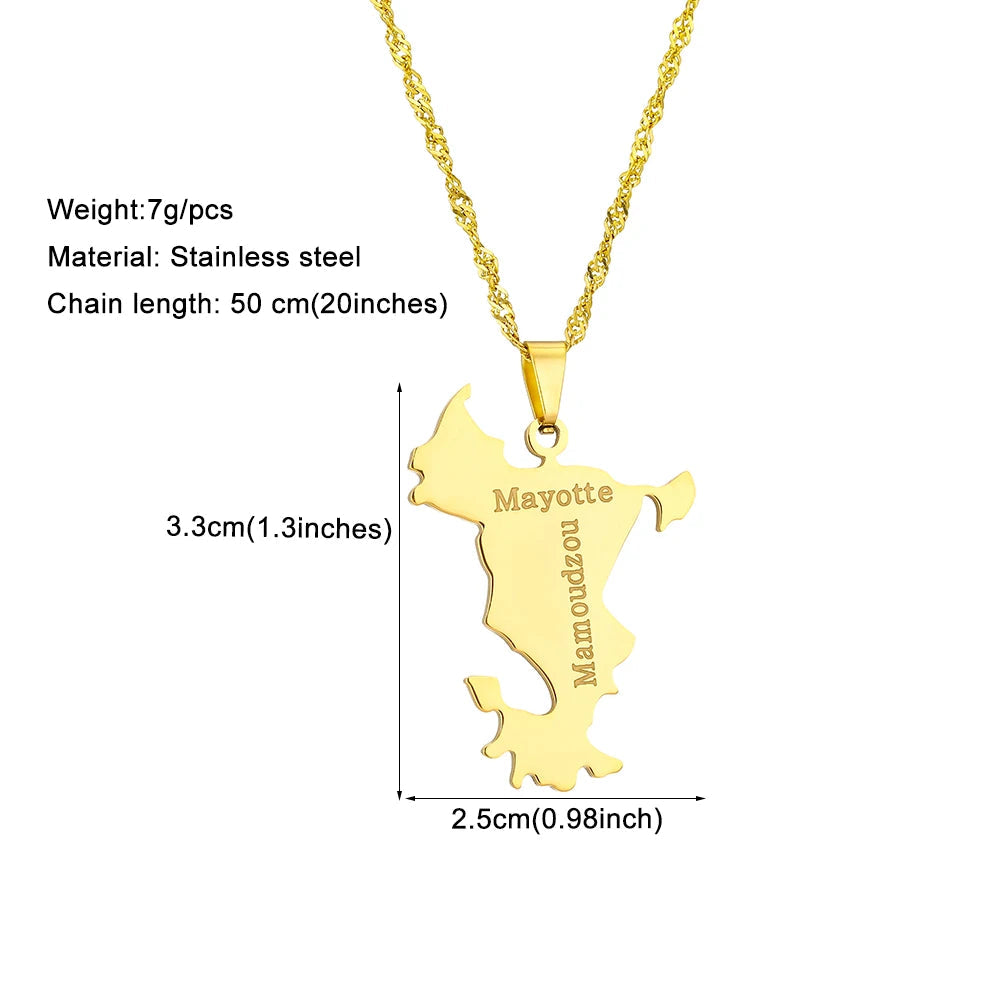 mode Français Mayotte île Carte pendentif Collier acier inoxydable Hommes femmes Ethnies cartes bijoux Cadeau JCC.COM